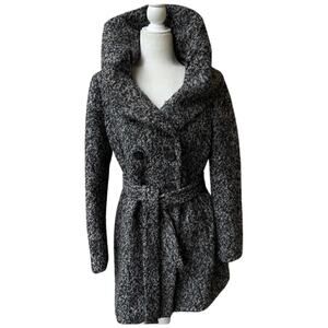 Calvin Klein Gray Marled Wool Hooded Winter Coat Shawl Collar Fabric Belt sz 10